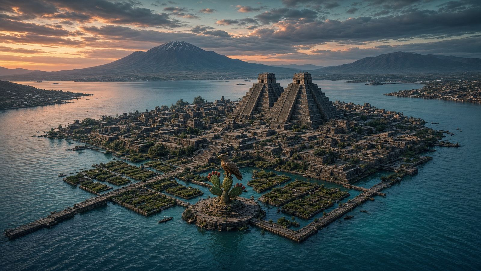 Mexico-Tenochtitlan on the lake, temples and chinampas