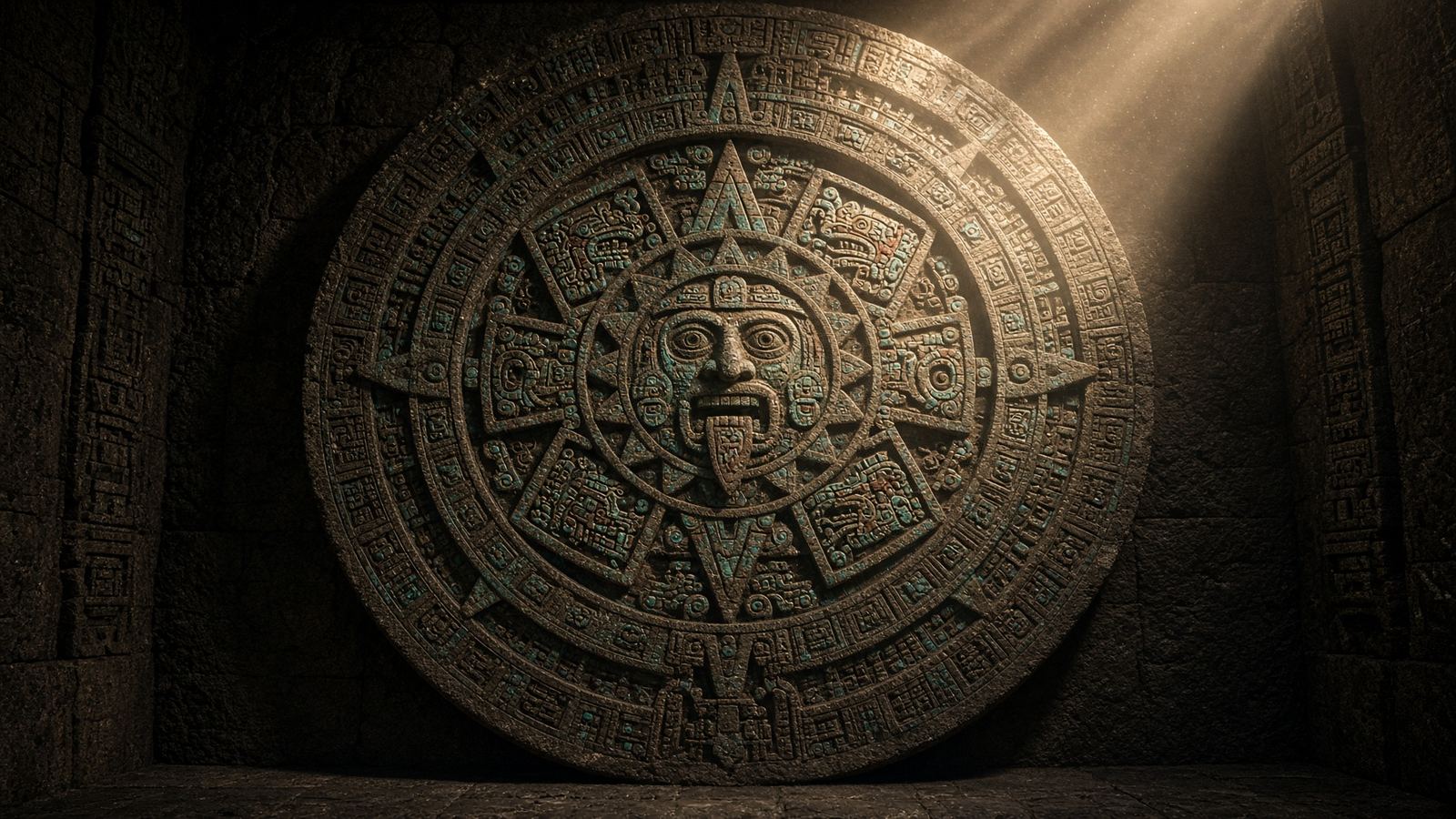 The Aztec Sun Stone in a dark temple, Tonatiuh at the center