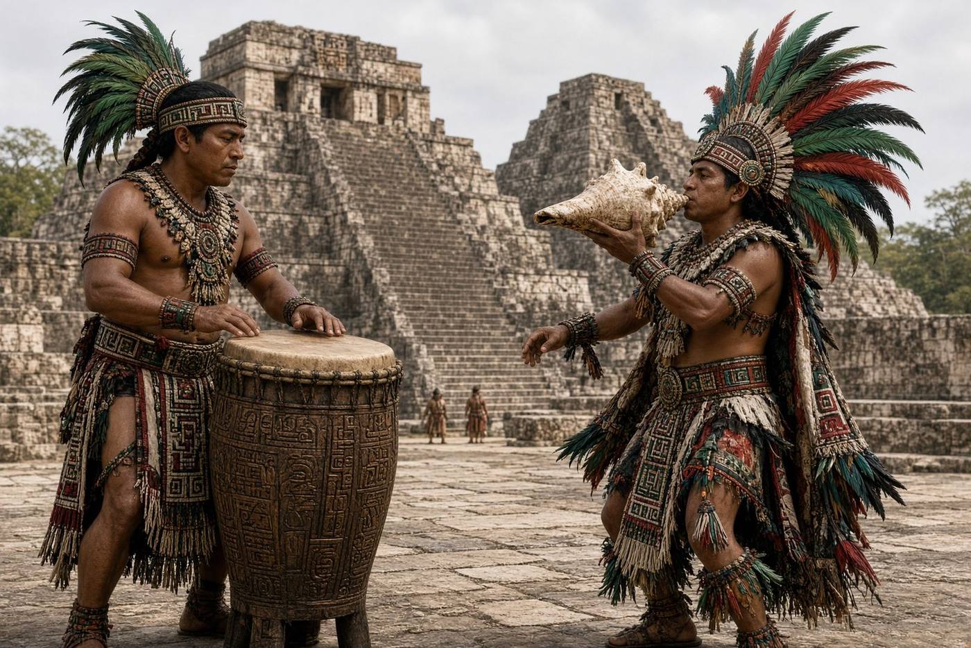 Huehuetl drummer and conch