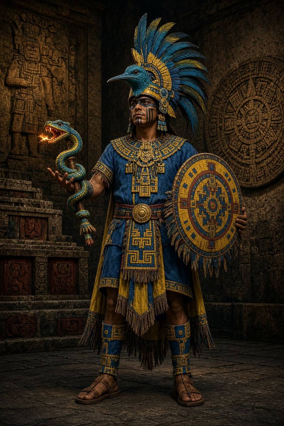 Huitzilopochtli with xiuhcoatl and chimalli