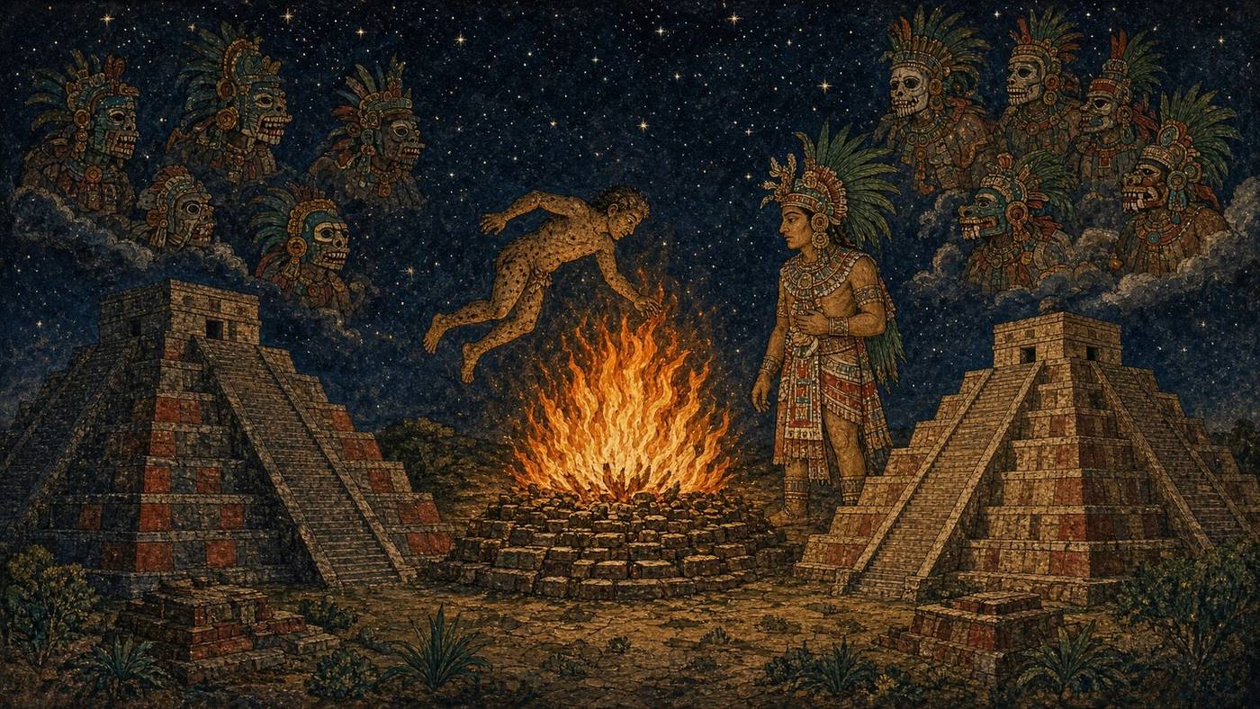 Nanahuatzin entering the pyre at Teotihuacan