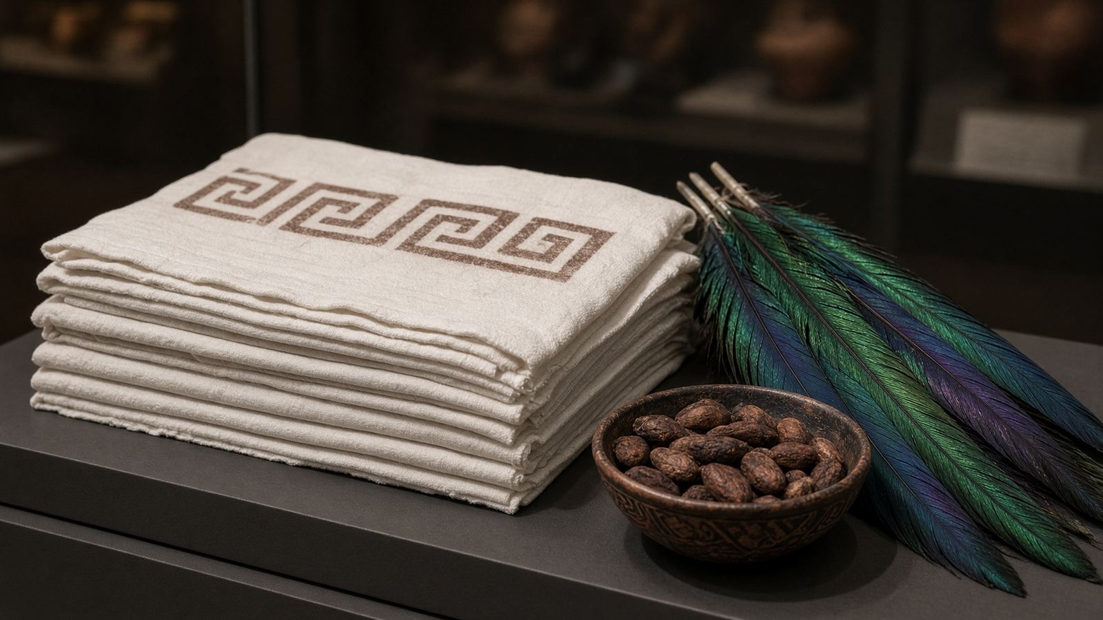 Tribute cloth, quetzal tufts, cacao