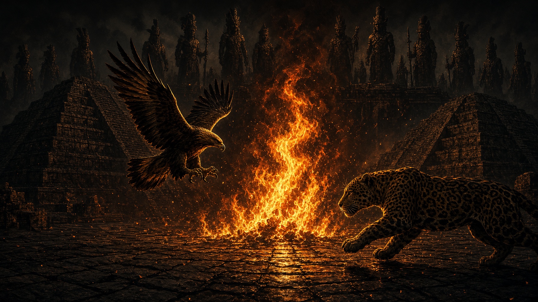 Eagle and jaguar leaping toward the fire that made the Fifth Sun