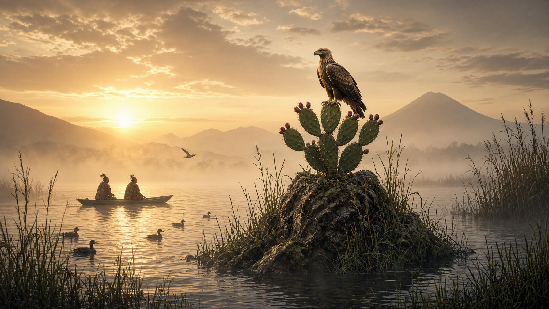 Eagle on a nopal in the lake, the founding omen