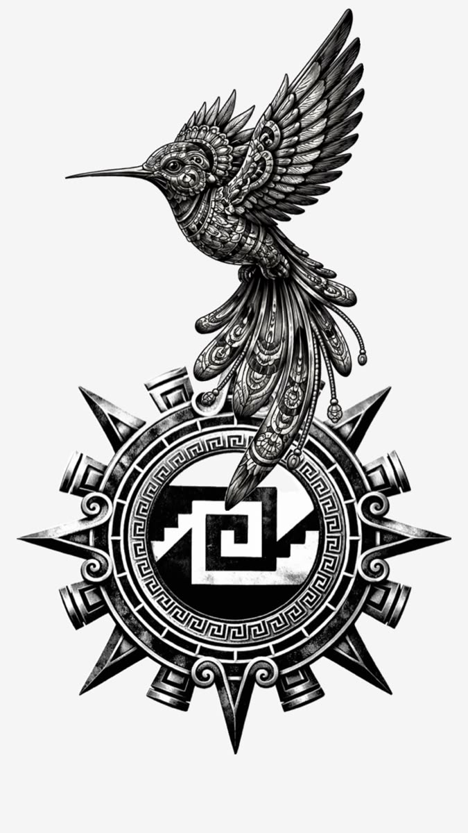Hummingbird perched on a solar chimalli whose heart is the stepped G