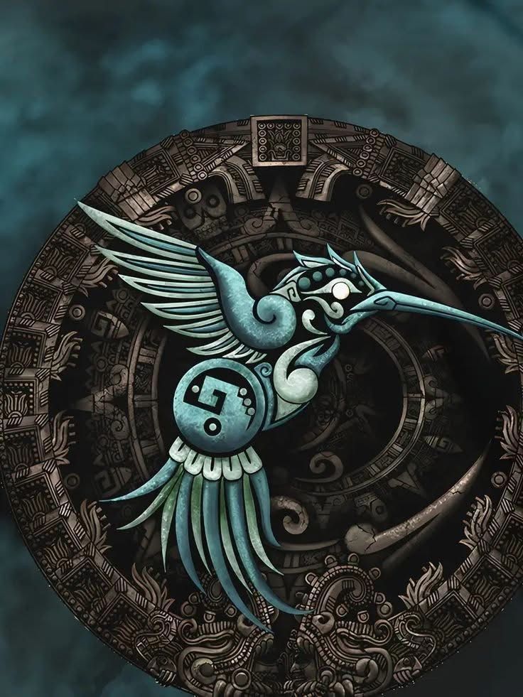 Turquoise hummingbird over the carved Sun Stone