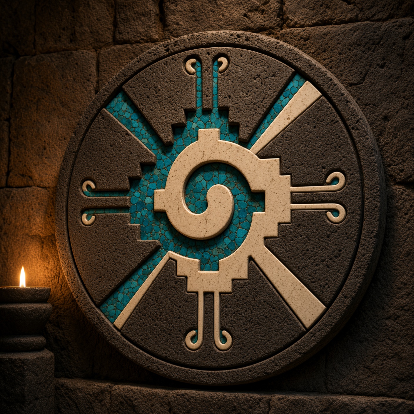 The same emblem carved in volcanic stone with turquoise