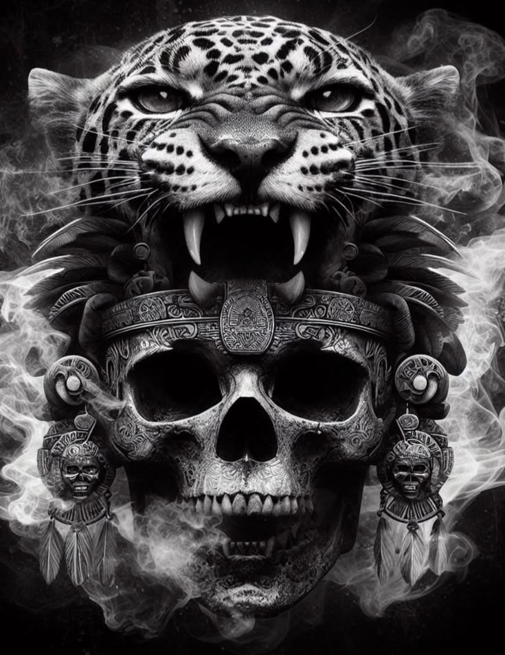Jaguar over a lord's skull with earflares and smoke